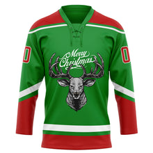 Charger l'image dans la galerie, Custom Grass Green Red-White Christmas Reindeer 3D Hockey Lace Neck Jersey