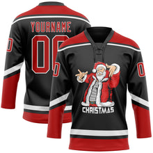 Charger l'image dans la galerie, Custom Black Red-White Christmas Santa Claus 3D Hockey Lace Neck Jersey
