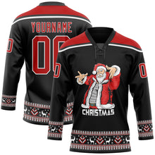 Charger l'image dans la galerie, Custom Black Red-White Christmas Santa Claus 3D Hockey Lace Neck Jersey