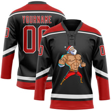 Charger l'image dans la galerie, Custom Black Red-White Christmas Santa Claus 3D Hockey Lace Neck Jersey