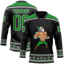 Charger l'image dans la galerie, Custom Black Grass Green-White Christmas Santa Claus 3D Hockey Lace Neck Jersey