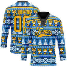 Charger l'image dans la galerie, Custom Light Blue Gold-Black Christmas Tree And Tiger 3D Hockey Lace Neck Jersey