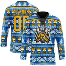 Charger l'image dans la galerie, Custom Light Blue Gold-Black Christmas Tree And Tiger 3D Hockey Lace Neck Jersey