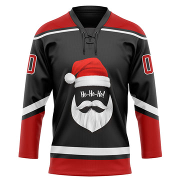 Custom Black Red-White Christmas Santa Claus 3D Hockey Lace Neck Jersey