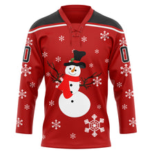 Charger l'image dans la galerie, Custom Red Black-White Christmas Snowman 3D Hockey Lace Neck Jersey