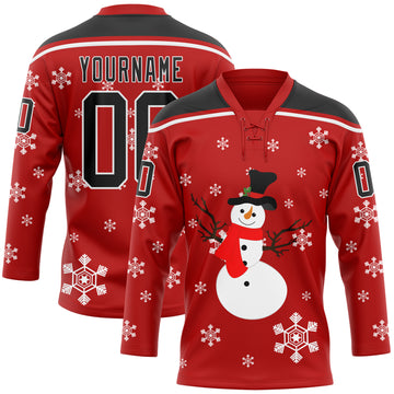 Custom Red Black-White Christmas Snowman 3D Hockey Lace Neck Jersey