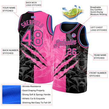 Custom Graffiti Pattern Pink Black-Light Blue 3D Scratch Authentic Basketball Jersey