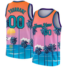 Загрузить изображение в средство просмотра галереи, Custom Orange Teal-Black 3D Pattern Sun Beach Hawaii Palm Trees Authentic Basketball Jersey