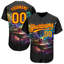 Load image into Gallery viewer, Custom Black Gold-Red 3D Pattern Design Music Festival Piano With Colorful Smoke Authentic Baseball Jersey