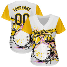 Load image into Gallery viewer, Custom White Black-Yellow 3D Pattern Design Music Festival Abstract Drum Set In Splash Authentic Baseball Jersey