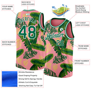 Custom Medium Pink Kelly Green-White 3D Pattern Tropical Hawaii Leaves Authentic Basketball Jersey