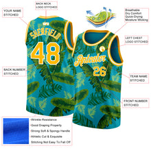 Загрузить изображение в средство просмотра галереи, Custom Teal Gold-White 3D Pattern Tropical Hawaii Leaves Authentic Basketball Jersey