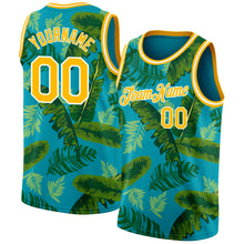 Загрузить изображение в средство просмотра галереи, Custom Teal Gold-White 3D Pattern Tropical Hawaii Leaves Authentic Basketball Jersey