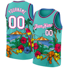 Загрузить изображение в средство просмотра галереи, Custom Aqua Pink Light Blue-Black 3D Pattern Tropical Beach Hawaii Palm Trees Authentic Basketball Jersey
