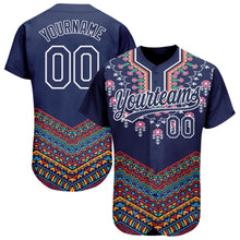 Charger l'image dans la galerie, Custom Navy White 3D Pattern Design Vintage Floral African Ethnic Style Authentic Baseball Jersey