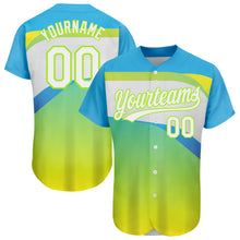 Laden Sie das Bild in den Galerie-Viewer, Custom Neon Green White-Sky Blue 3D Pattern Design Abstract Sport Authentic Baseball Jersey