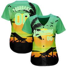 Загрузить изображение в средство просмотра галереи, Custom Pea Green Black-White 3D Pattern Design Hawaii Palm Trees And Beach Sunset Authentic Baseball Jersey