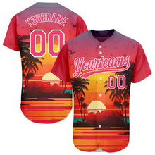 Charger l'image dans la galerie, Custom Neon Pink White 3D Pattern Design Hawaii Palm Trees And Beach Sunrise Authentic Baseball Jersey