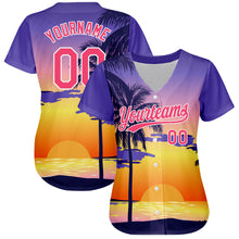Load image into Gallery viewer, Custom Purple Neon Pink-White 3D Pattern Design Hawaii Palm Trees And Beach Sunrise Authentic Baseball Jersey
