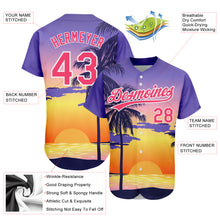 Load image into Gallery viewer, Custom Purple Neon Pink-White 3D Pattern Design Hawaii Palm Trees And Beach Sunrise Authentic Baseball Jersey