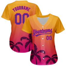 Загрузить изображение в средство просмотра галереи, Custom Gold Purple-Hot Pink 3D Pattern Design Hawaii Palm Trees Authentic Baseball Jersey
