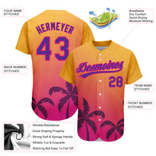 Загрузить изображение в средство просмотра галереи, Custom Gold Purple-Hot Pink 3D Pattern Design Hawaii Palm Trees Authentic Baseball Jersey