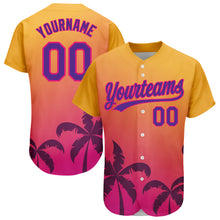 Загрузить изображение в средство просмотра галереи, Custom Gold Purple-Hot Pink 3D Pattern Design Hawaii Palm Trees Authentic Baseball Jersey