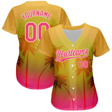Загрузить изображение в средство просмотра галереи, Custom Gold Neon Pink-White 3D Pattern Design Hawaii Palm Trees Authentic Baseball Jersey