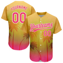 Загрузить изображение в средство просмотра галереи, Custom Gold Neon Pink-White 3D Pattern Design Hawaii Palm Trees Authentic Baseball Jersey