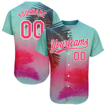 Charger l'image dans la galerie, Custom Aqua Neon Pink-White 3D Pattern Design Hawaii Palm Leaves Authentic Baseball Jersey