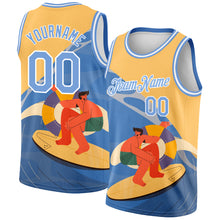 Загрузить изображение в средство просмотра галереи, Custom Gold Light Blue-White 3D Pattern Summer Beach Surfing Authentic Basketball Jersey