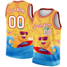 Загрузить изображение в средство просмотра галереи, Custom Gold White-Red 3D Pattern Summer Beach Surfing Authentic Basketball Jersey