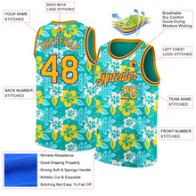Загрузить изображение в средство просмотра галереи, Custom Aqua Gold-Purple 3D Pattern Hawaii Flowers Authentic Basketball Jersey