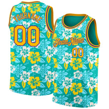 Загрузить изображение в средство просмотра галереи, Custom Aqua Gold-Purple 3D Pattern Hawaii Flowers Authentic Basketball Jersey