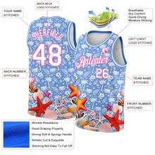 Загрузить изображение в средство просмотра галереи, Custom Light Blue White-Pink 3D Pattern Hawaii Palm Trees And Starfishes Authentic Basketball Jersey