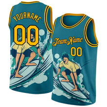 Загрузить изображение в средство просмотра галереи, Custom Teal Gold-Black 3D Pattern Beach Surfing Authentic Basketball Jersey