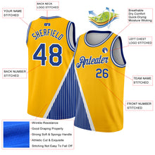 Load image into Gallery viewer, Custom Gold Royal-White Triangle Pinstripes Authentic City Edition Basketball Jersey
