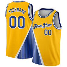 Laden Sie das Bild in den Galerie-Viewer, Custom Gold Royal-White Triangle Pinstripes Authentic City Edition Basketball Jersey