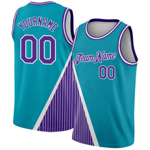 Laden Sie das Bild in den Galerie-Viewer, Custom Teal Purple-White Triangle Pinstripes Authentic City Edition Basketball Jersey