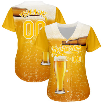 Custom Yellow White 3D Pattern Design Beer Authentic Baseball Jersey