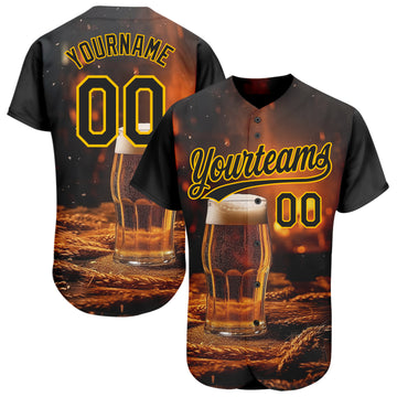 Custom Black Yellow 3D Pattern Design International Beer Day Authentic Baseball Jersey