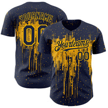 Load image into Gallery viewer, Custom Navy Gold 3D Pattern Design Dripping Splatter Art Authentic Baseball Jersey