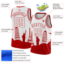 Laden Sie das Bild in den Galerie-Viewer, Custom White Red Holiday Travel Monuments Silhouette Authentic City Edition Basketball Jersey