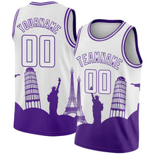 Load image into Gallery viewer, Custom White Purple Holiday Travel Monuments Silhouette Authentic City Edition Basketball Jersey