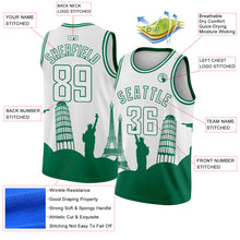 Загрузить изображение в средство просмотра галереи, Custom White Kelly Green Holiday Travel Monuments Silhouette Authentic City Edition Basketball Jersey