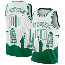 Загрузить изображение в средство просмотра галереи, Custom White Kelly Green Holiday Travel Monuments Silhouette Authentic City Edition Basketball Jersey