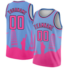 Load image into Gallery viewer, Custom Light Blue Pink-Black Holiday Travel Monuments Silhouette Authentic City Edition Basketball Jersey