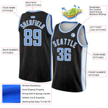 Загрузить изображение в средство просмотра галереи, Custom Black Light Blue-White Geometric Shapes And Side Stripes Authentic City Edition Basketball Jersey