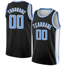 Загрузить изображение в средство просмотра галереи, Custom Black Light Blue-White Geometric Shapes And Side Stripes Authentic City Edition Basketball Jersey