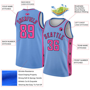 Custom Light Blue Pink-Black Side Panel Abstract Lines Authentic City Edition Basketball Jersey